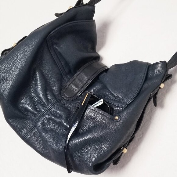 B. Makowsky Navy Blue Black Genuine Leather Shoulder Bag Gold Hardware Hobo Y2K - Picture 10 of 16